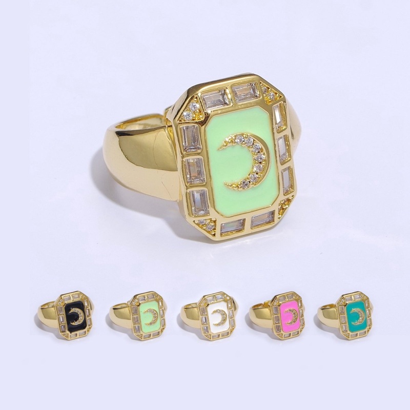 Crescent Moon Spinel Signet Ring Gold Chunky Ring Celestial Enamel Colorful Cz Jewelry U-001~U-005 White