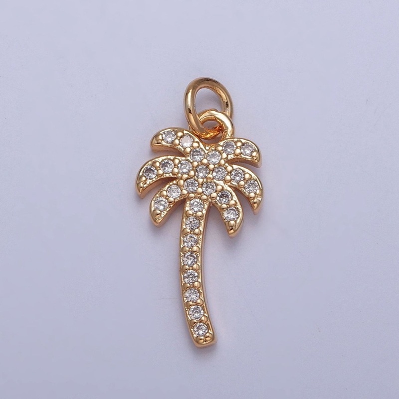 Gold Tropical Beach Palm Tree Micro Paved Cubic Zirconia Charm For Summer Jewelry | X-261