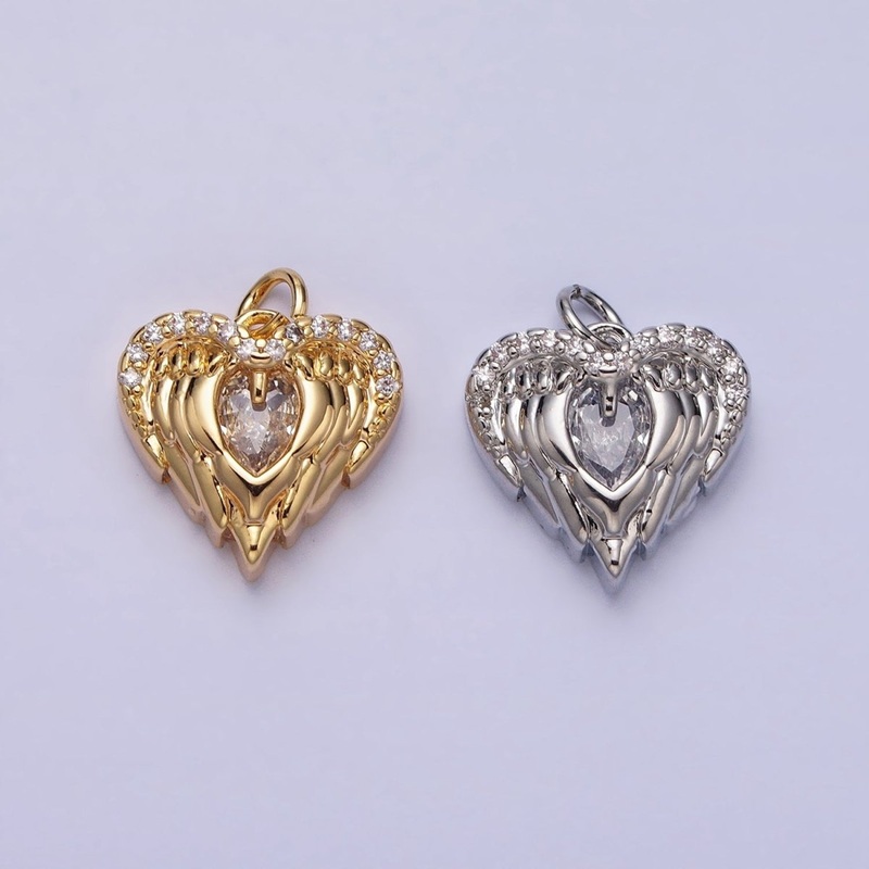Mini Gold Angel Wing Charm with CZ Oval Stone Heart Guardian Angel Pendant AC494 AC495 Gold