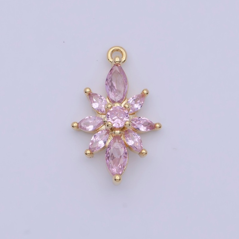 Pink Cubic Zirconia Flower Nature Gold Charm For DIY Jewelry Making AG-136
