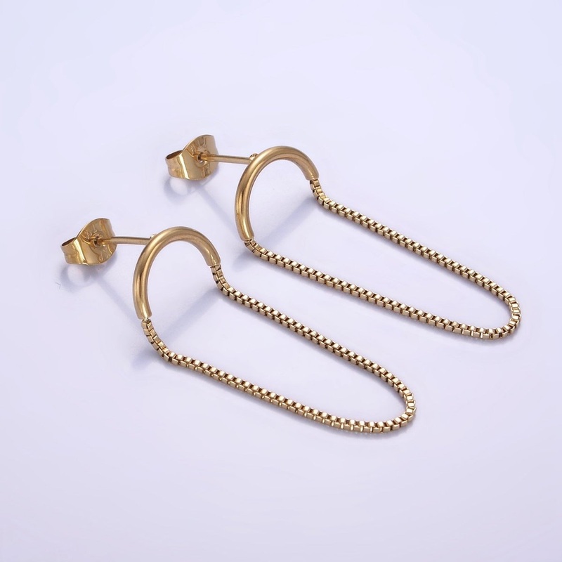 Stainless Steel Box Chain Curved Minimalist Stud Earrings | AB1153