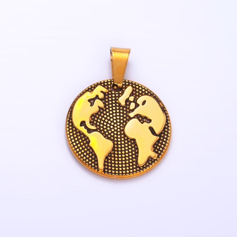 Stainless Steel Dotted World Map Round Pendant | P1082