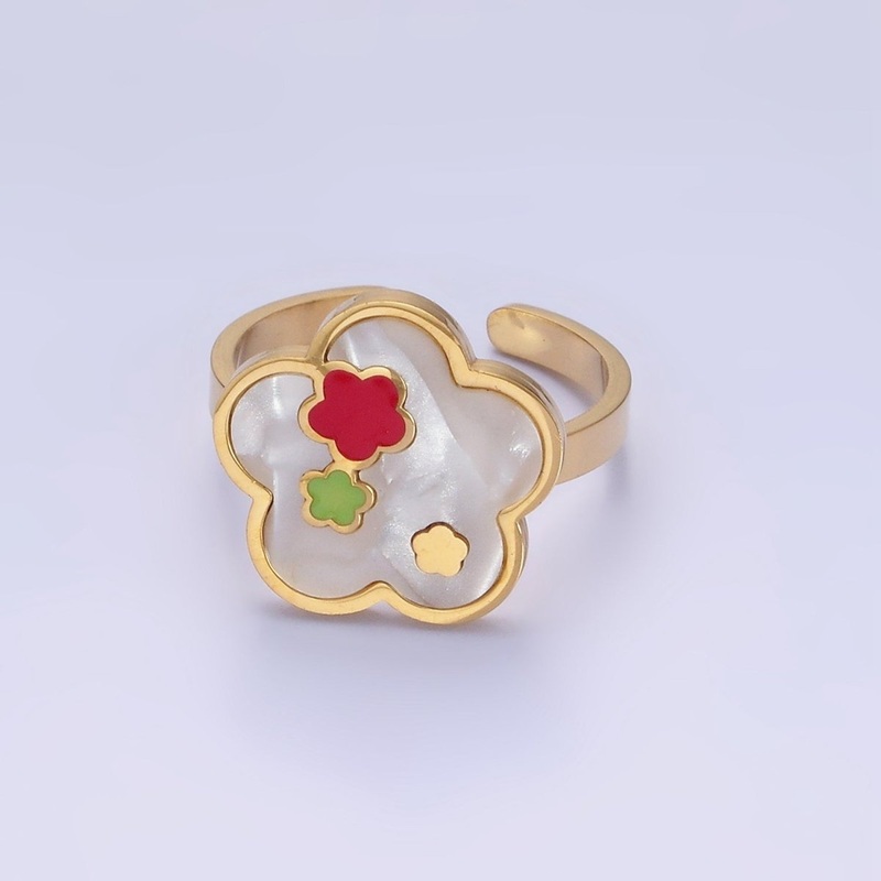 Stainless Steel Shell Pearl Gemstone Flower Bezel Ring | O1289