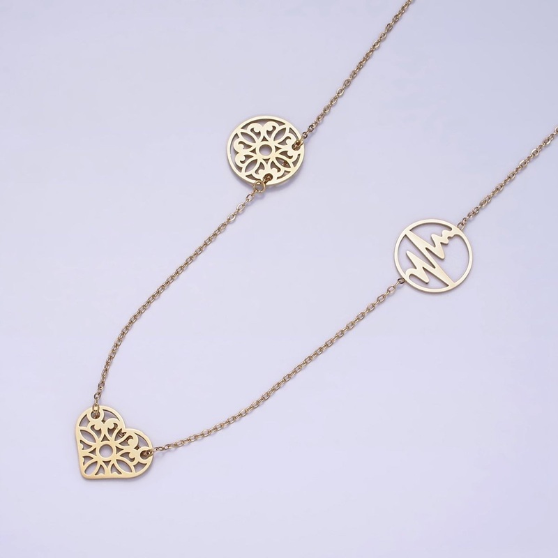 Stainless Steel Triple Artisan Open Heart Circle 17 Inch Cable Chain Necklace | WA-2049 Clearance Pricing