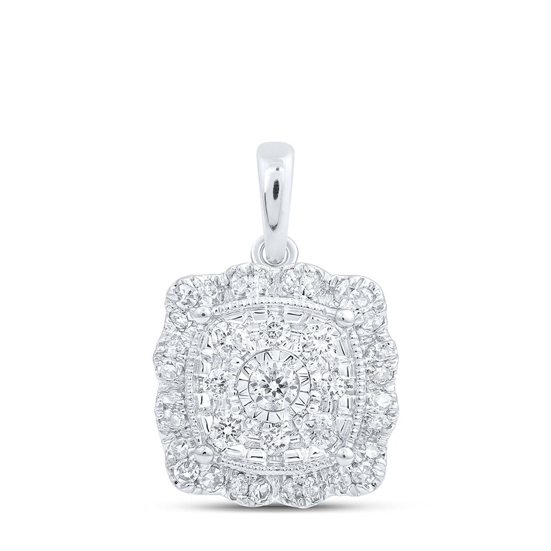 10kt White Gold Womens Round Diamond Square Pendant 1/3 Cttw