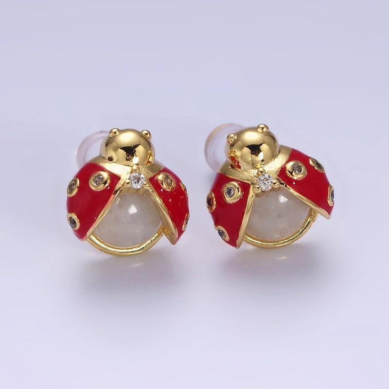 14K Gold Filled Lucky Ladybug Moonstone Gemstone Red Enamel CZ Stud Earrings | AD-429