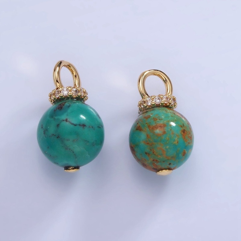 14K Gold Filled Turquoise, Fuchsite Green Gemstone Round Drop Micro Paved CZ Pendant | AG748 AG750 Turquoise