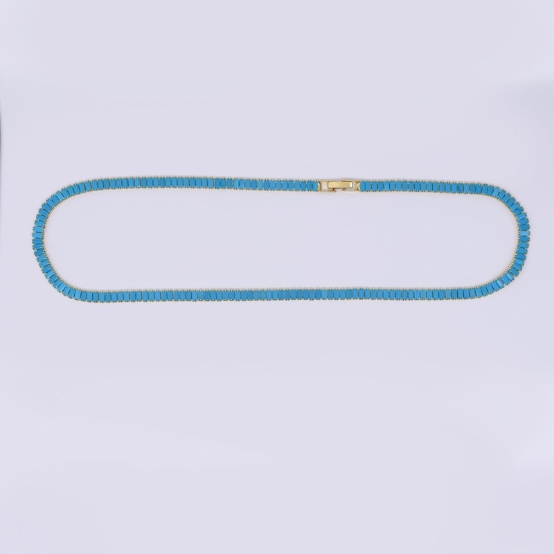 24K Gold Filled 5mm Turquoise Baguette CZ Tennis Chain 17.71 Inch Necklace | WA-3801