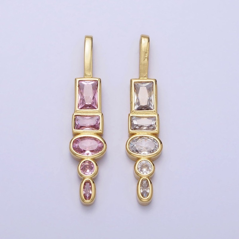 Gold Geometric Clear, Pink CZ Cubic Zirconia Baguette Oval Pendant | AA170 AA171 Clear