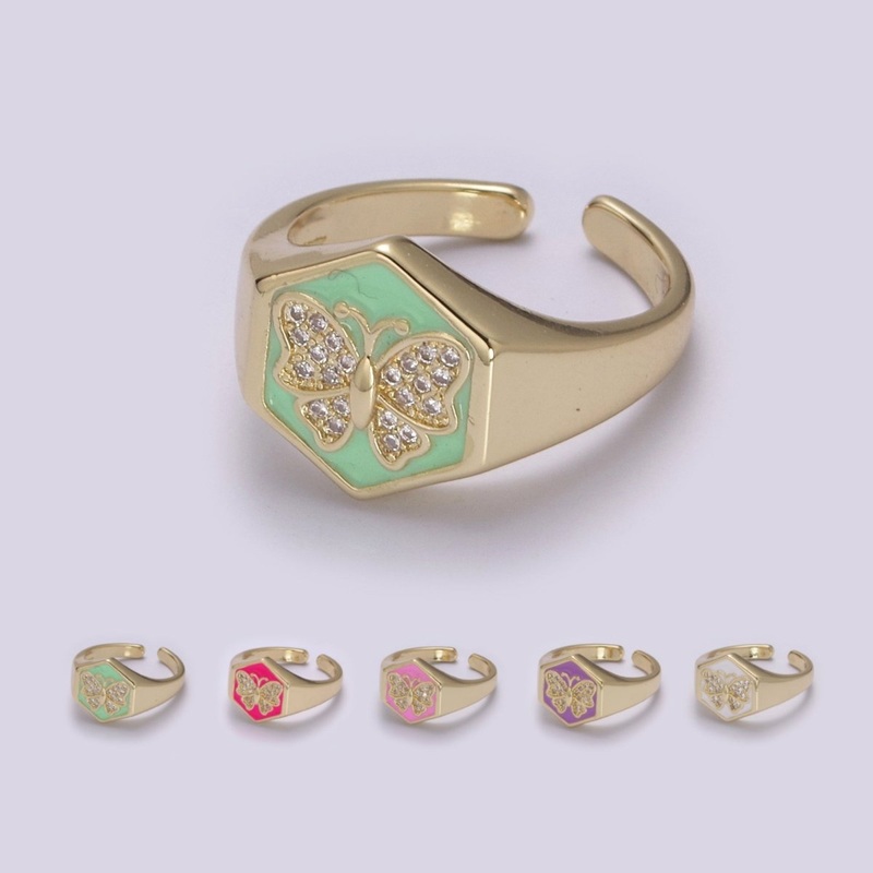 Gold signet ring, Butterfly signet ring, Enamel ring gold butterfly ring Stackable Jewelry U-171~U-175 Fuschia