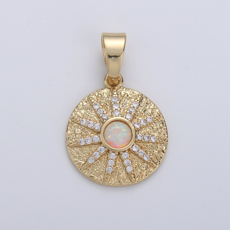 Overstock Dainty 14k Gold Filled Vergina Sun Charm Opal Round SunBurst Medallion Pendant, 23x16mm, Micro Pave Gold Sun Celestial Jewelry I-661