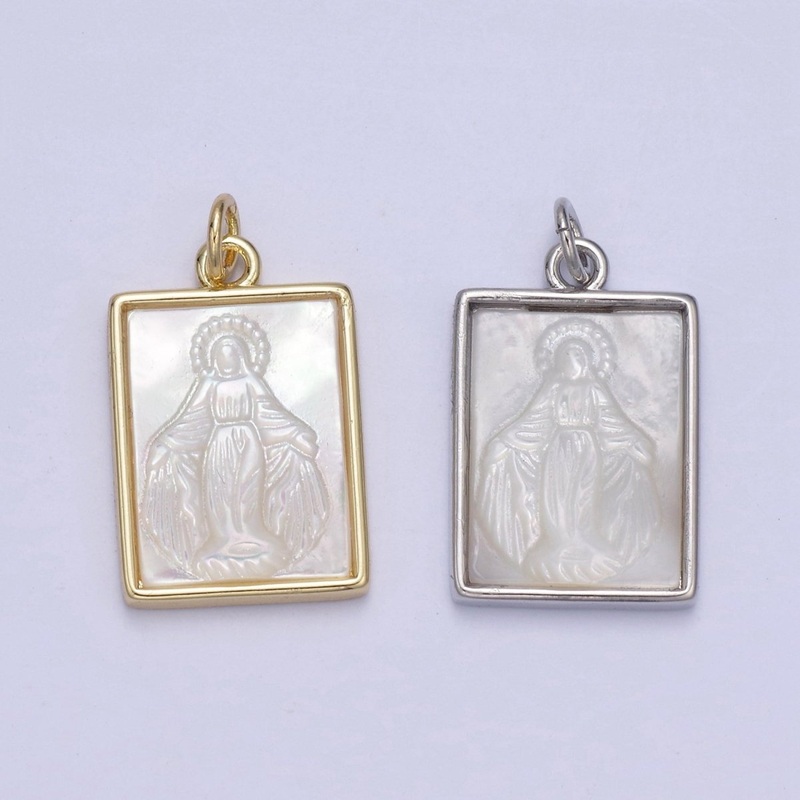 Pearl Virgin Mary On Frame Charms, Dainty Gold Miraculous Lady Pendant, Mother of Pearl Necklace Charms N-862 N-863 Gold