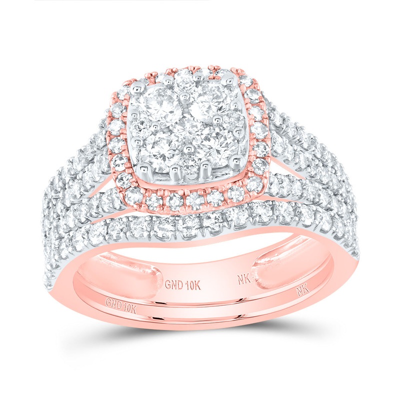 10kt Rose Gold Round Diamond Square Bridal Wedding Ring Band Set 1-5/8 Cttw