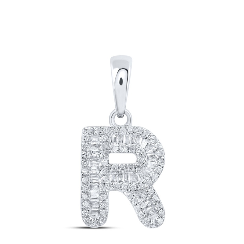 10kt White Gold Womens Baguette Diamond R Initial Letter Pendant 1/3 Cttw