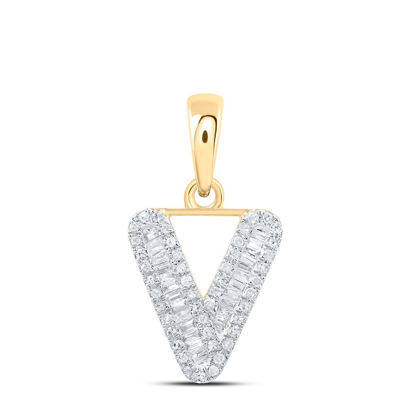 10kt Yellow Gold Womens Baguette Diamond V Initial Letter Pendant 1/4 Cttw