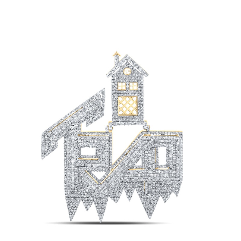 14kt Yellow Gold Mens Baguette Diamond TRAP House Charm Pendant 3 Cttw