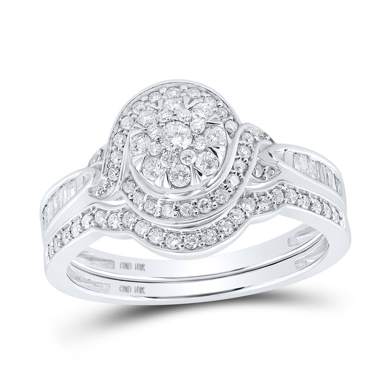 10kt White Gold Round Diamond Cluster Bridal Wedding Ring Band Set 1/2 Cttw