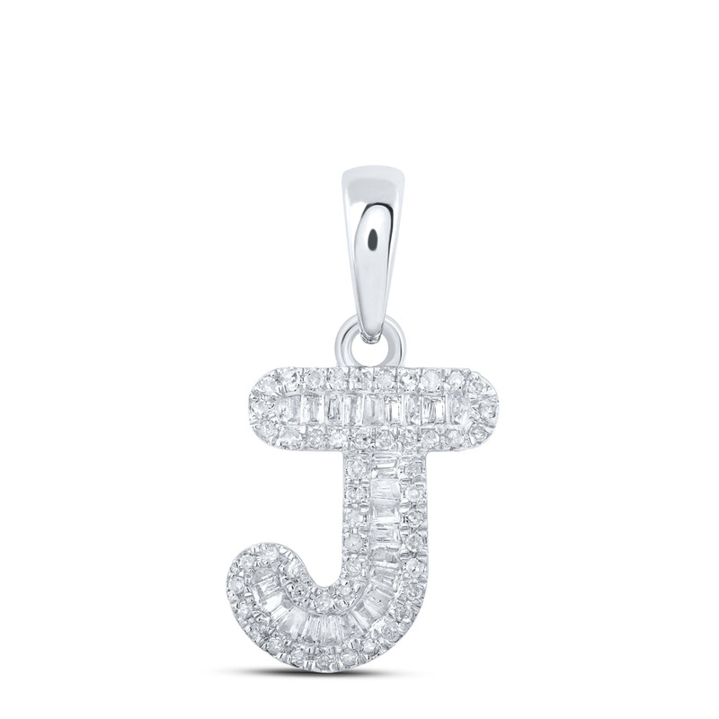 10kt White Gold Womens Baguette Diamond J Initial Letter Pendant 1/3 Cttw