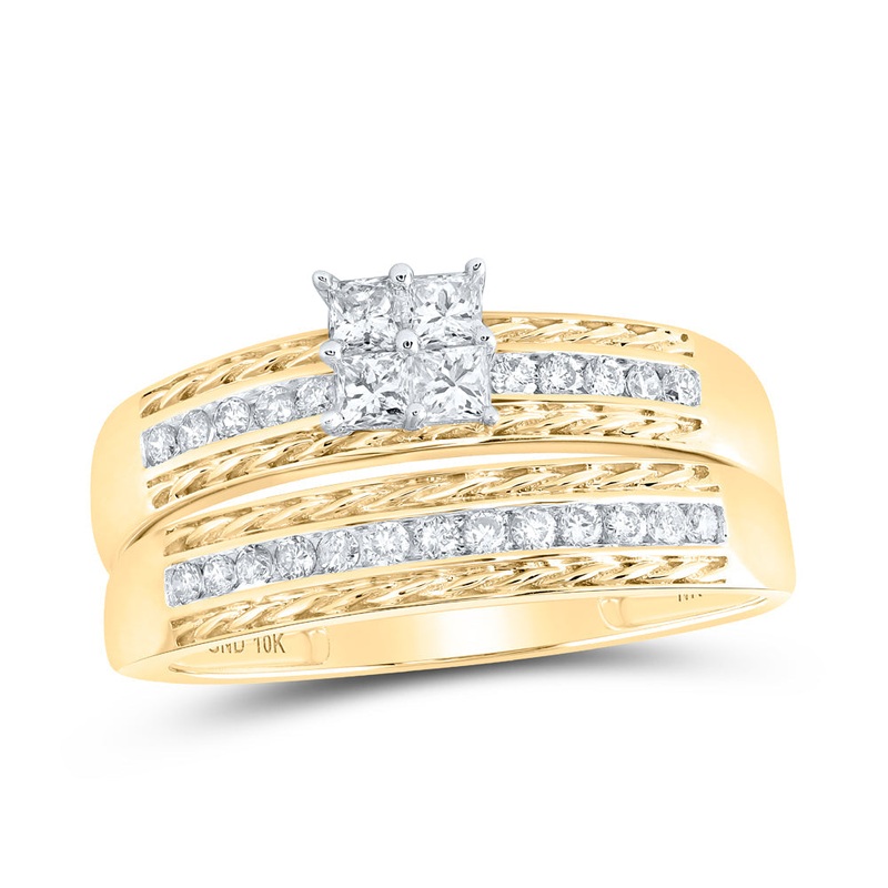 10kt Yellow Gold His Hers Round Diamond Square Matching Wedding Set 3/4 Cttw