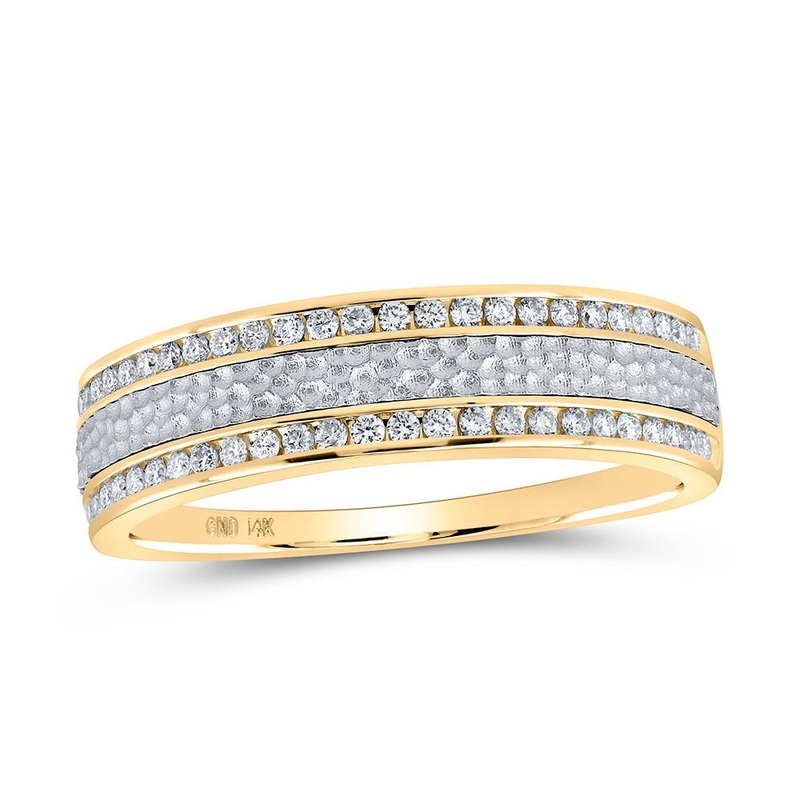 14kt Two-tone Gold Mens Round Diamond Wedding Hammered Band Ring 1/3 Cttw