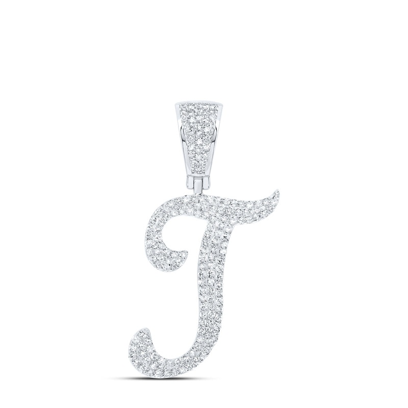 10kt White Gold Mens Round Diamond T Initial Letter Charm Pendant 3/4 Cttw