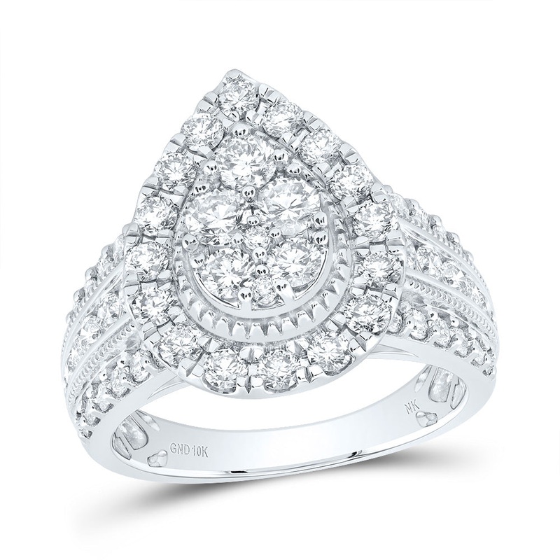 10kt White Gold Womens Round Diamond Teardrop Cluster Ring 2 Cttw