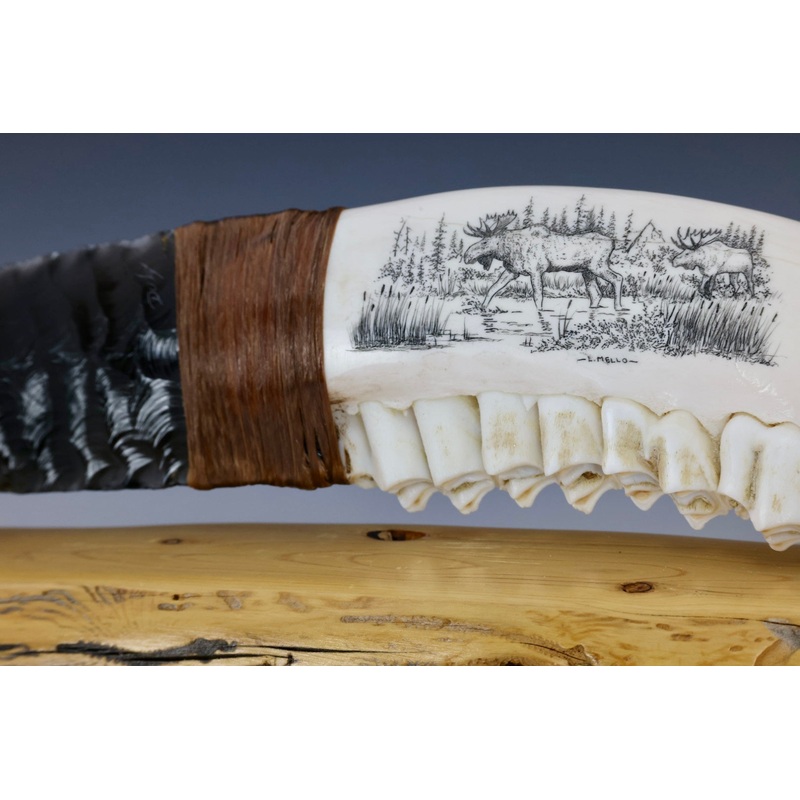 Elk Scrimshaw Obsidian Knife