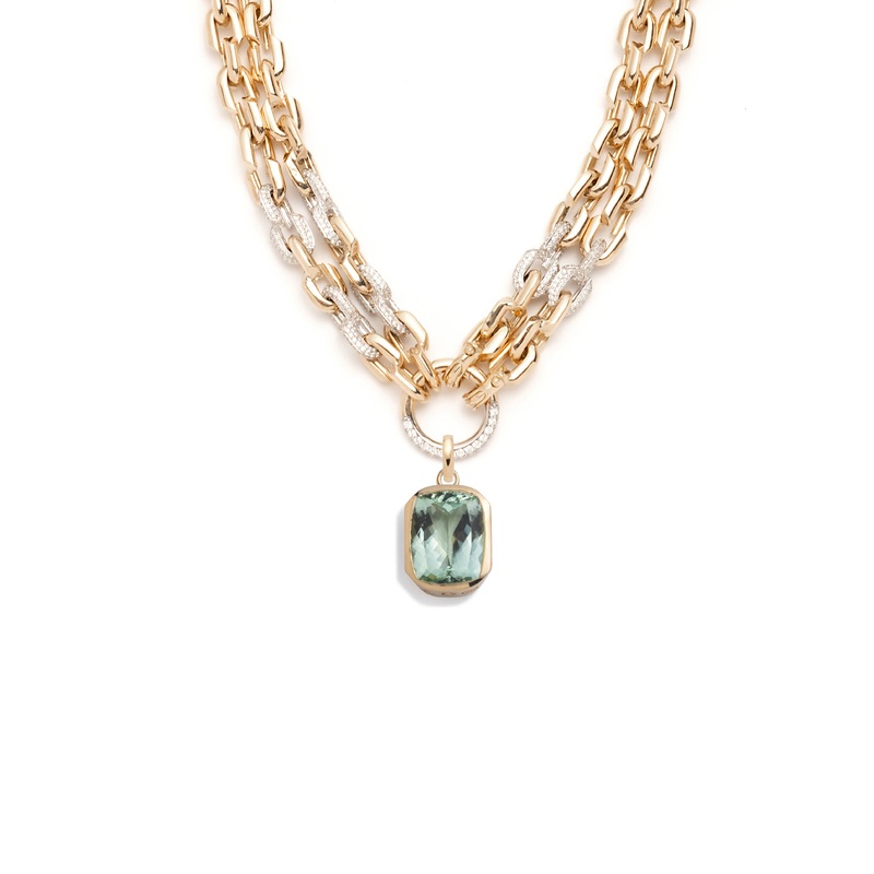 14.35ct Green Tourmaline : One-of-a-Kind Pave Diamond Strong Hearts Multi-Strand Necklace