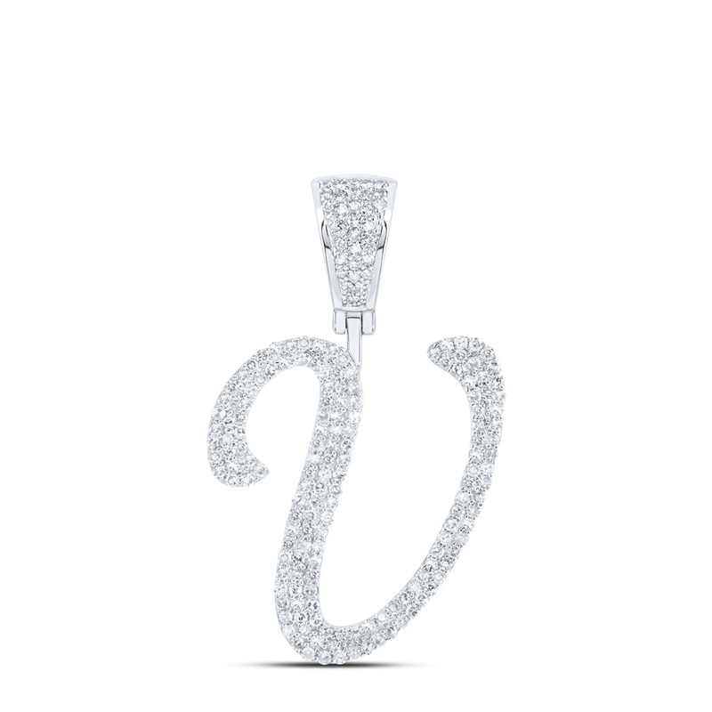 10kt White Gold Mens Round Diamond V Initial Letter Charm Pendant 7/8 Cttw