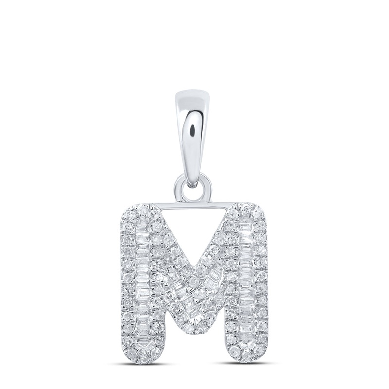 10kt White Gold Womens Baguette Diamond M Initial Letter Pendant 3/8 Cttw