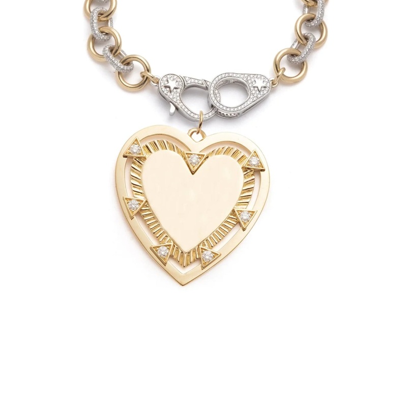 Midsized Mixed Link Pave Bracelet with Oversized Engravable Heart Medallion and Annex Link