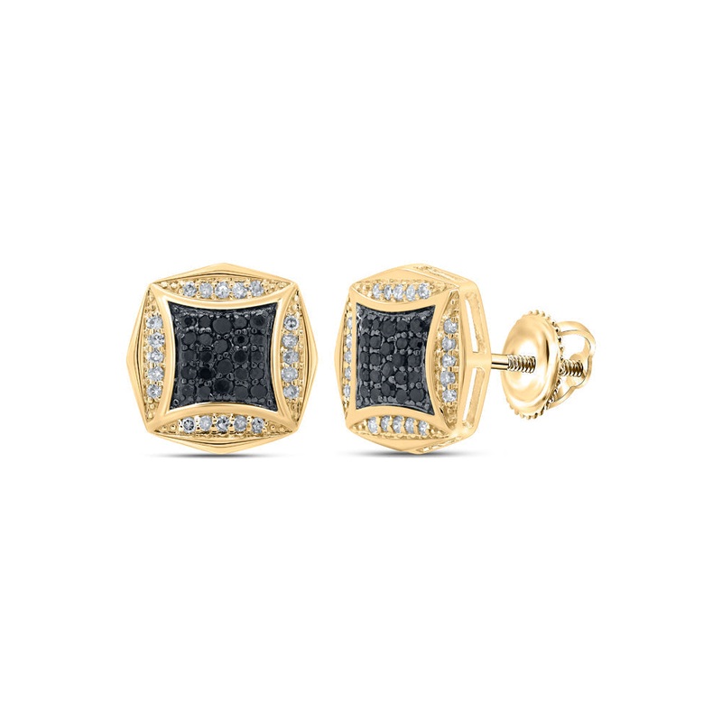10kt Yellow Gold Round Black Color Treated Diamond Square Earrings 1/4 Cttw