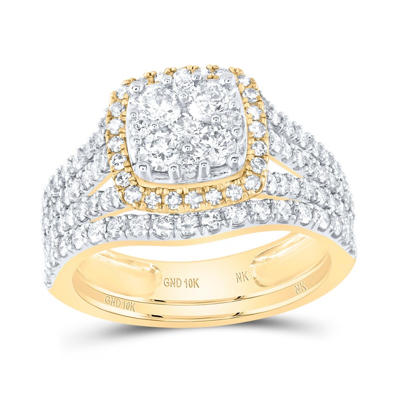 10kt Yellow Gold Round Diamond Square Bridal Wedding Ring Band Set 1-5/8 Cttw