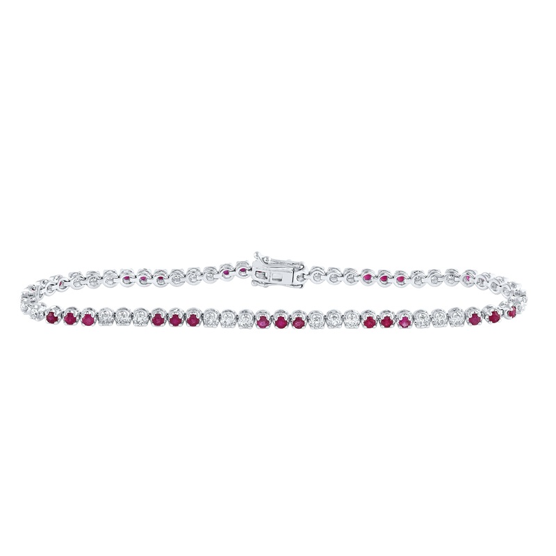 14kt White Gold Womens Round Ruby Diamond Tennis Bracelet 2-1/2 Cttw