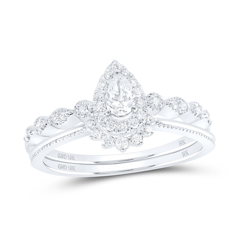 10kt White Gold Pear Diamond Halo Bridal Wedding Ring Band Set 3/8 Cttw
