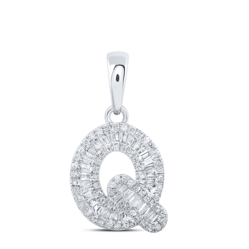 10kt White Gold Womens Baguette Diamond Q Initial Letter Pendant 3/8 Cttw