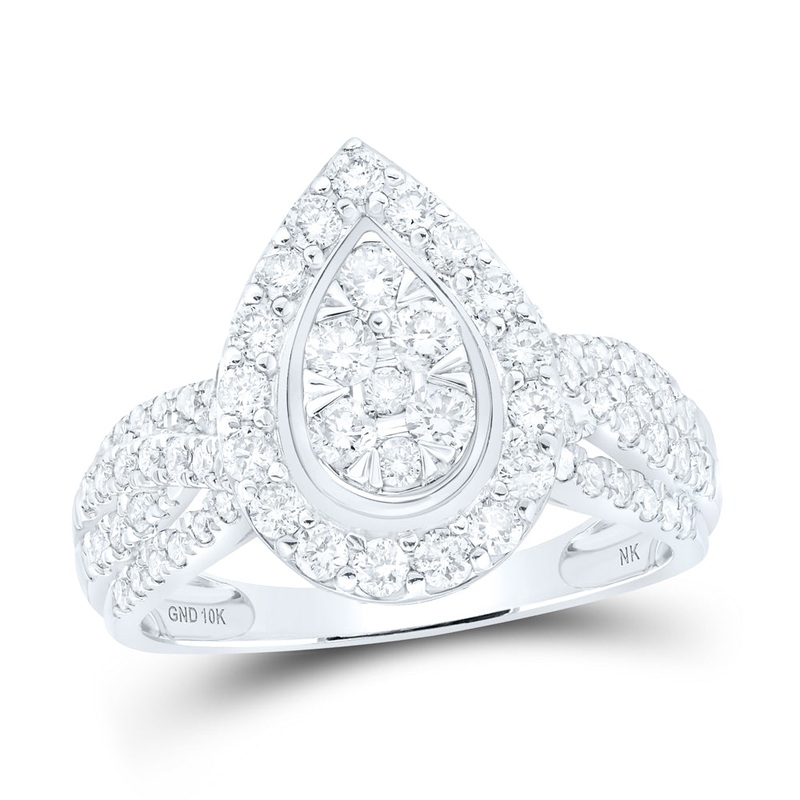 10kt White Gold Womens Round Diamond Teardrop Cluster Ring 1 Cttw