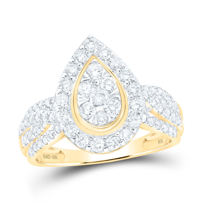 10kt Yellow Gold Womens Round Diamond Teardrop Cluster Ring 1 Cttw