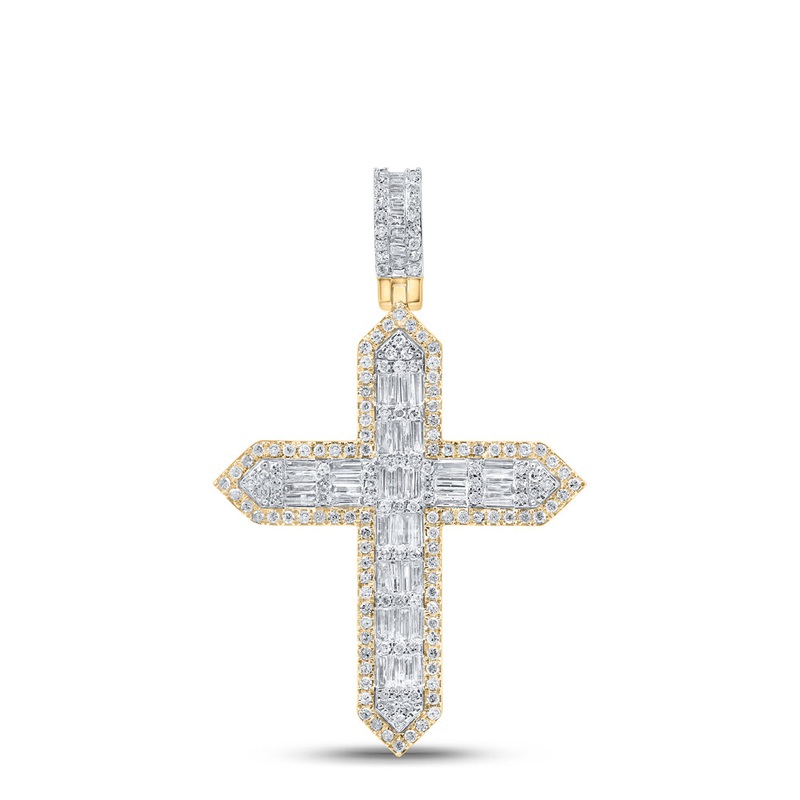 10kt Yellow Gold Mens Baguette Diamond Cross Charm Pendant 1-3/4 Cttw