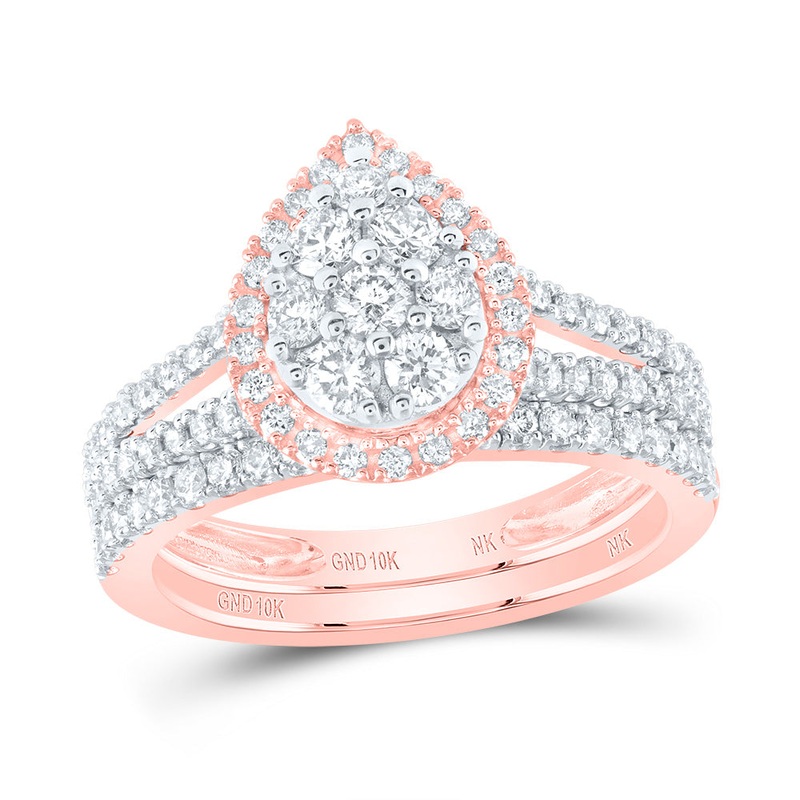 10kt Rose Gold Round Diamond Teardrop Bridal Wedding Ring Band Set 1 Cttw