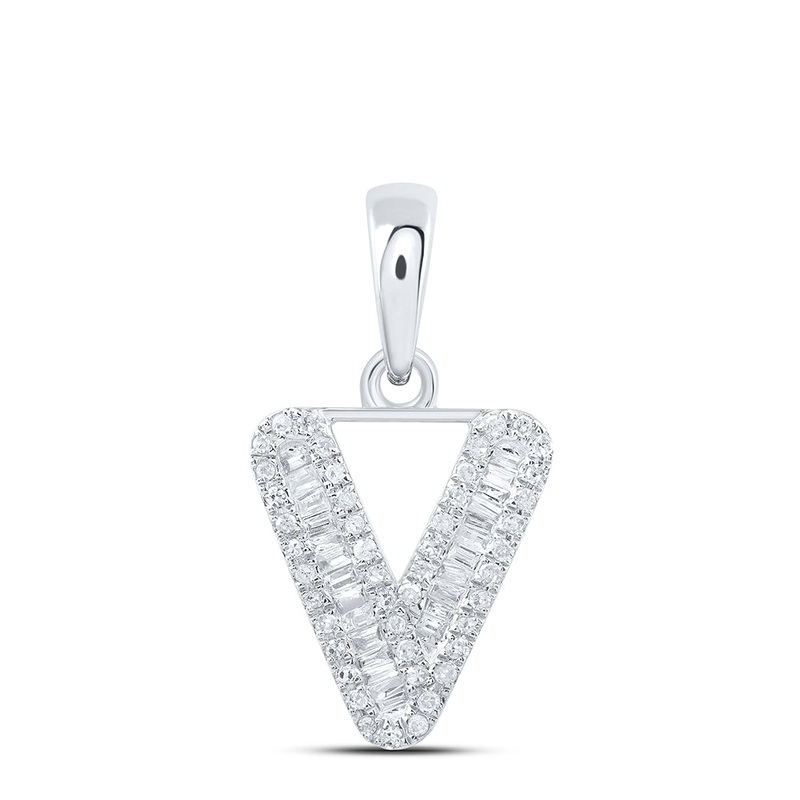 10kt White Gold Womens Baguette Diamond V Initial Letter Pendant 1/4 Cttw